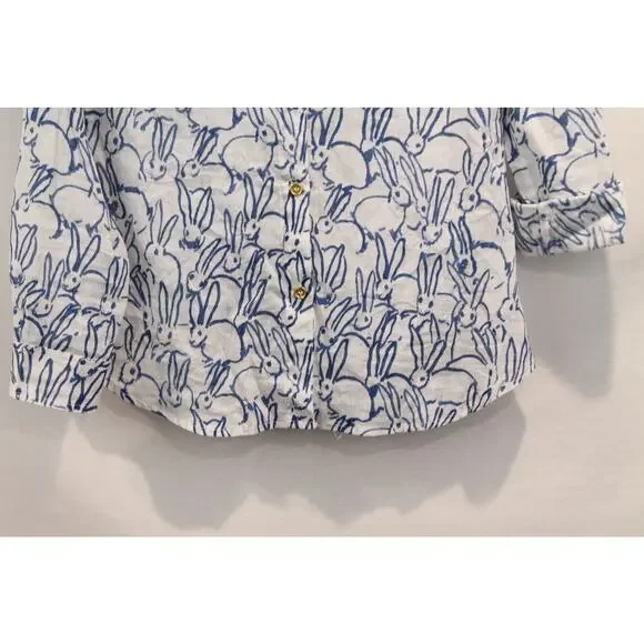 Jean-Pierre Klifa Top Womens White Blue Bunny Print Linen Blend Button Up Casual - Picture 3 of 9